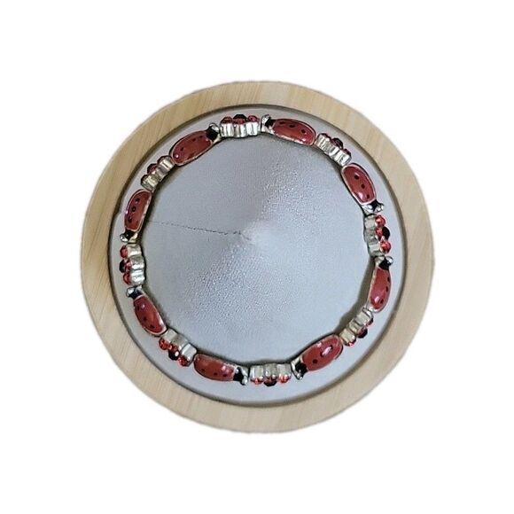 Y2K Red Enamel Ladybug Bracelet Silver Tone Rhinestone Flower Charm Stretch 7” - Picture 3 of 7